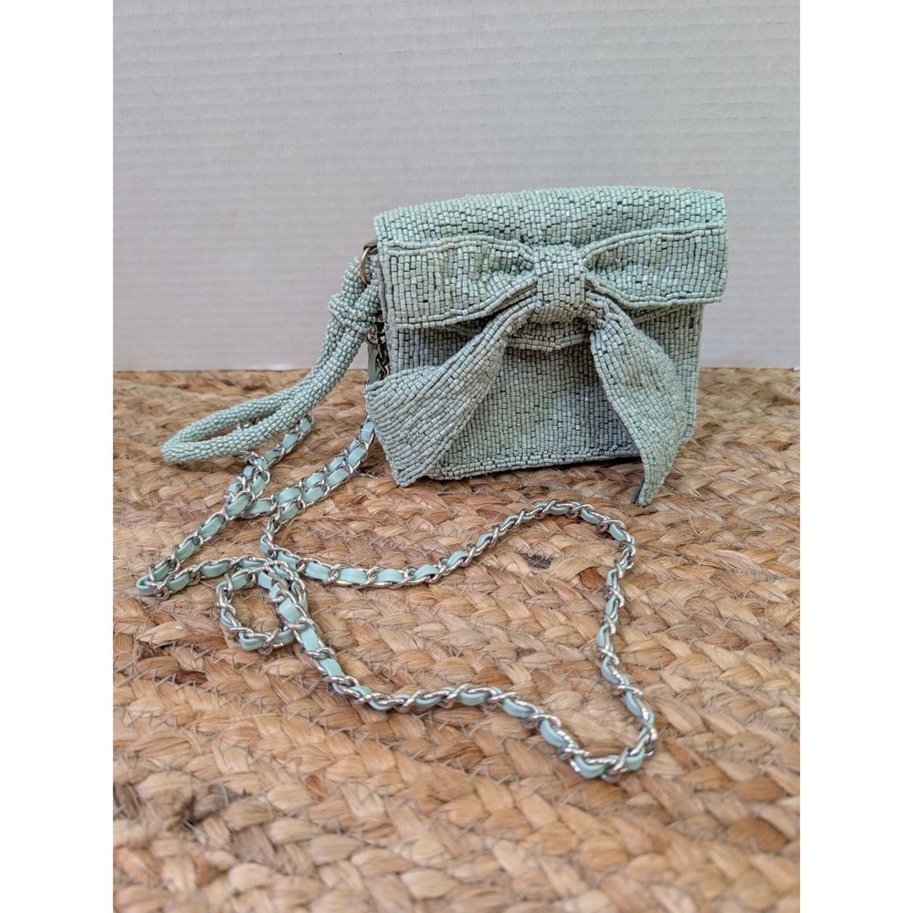 Anthropologie Aquamarine Glass Beaded Bow‎ Detail Wristlet & Crossbody Strap - Picture 3 of 9